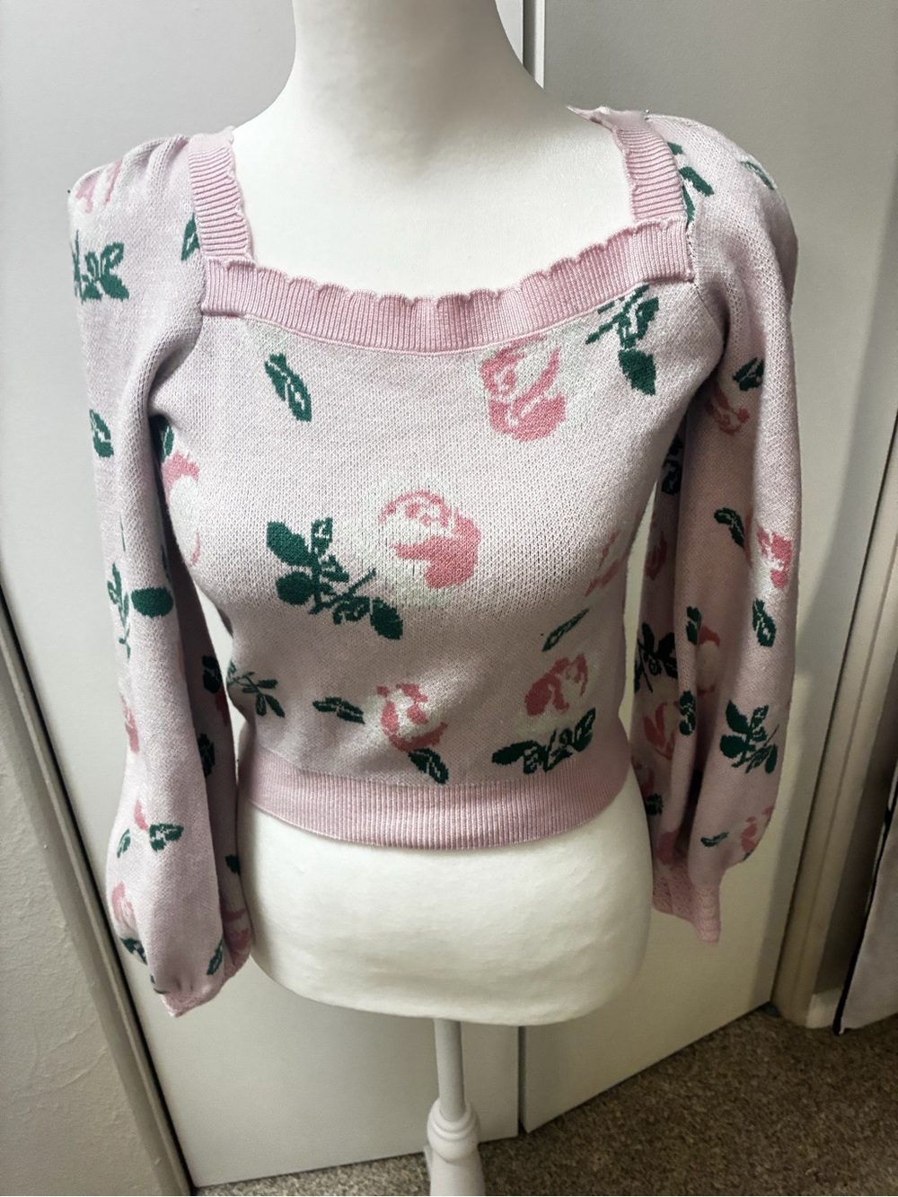 Pink Floral Square-Neck Knit Top, Size Small, Copped